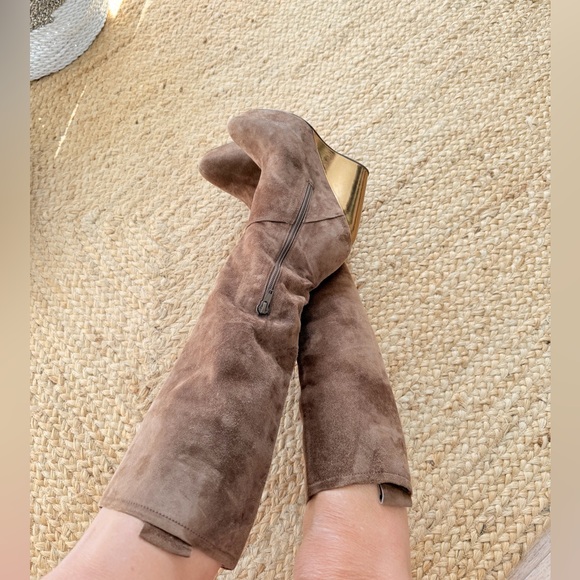 Free People NWT Cognac Suede & Gold Wedge platform Knee High Boot Sexy Chic LOVE - Picture 5 of 15